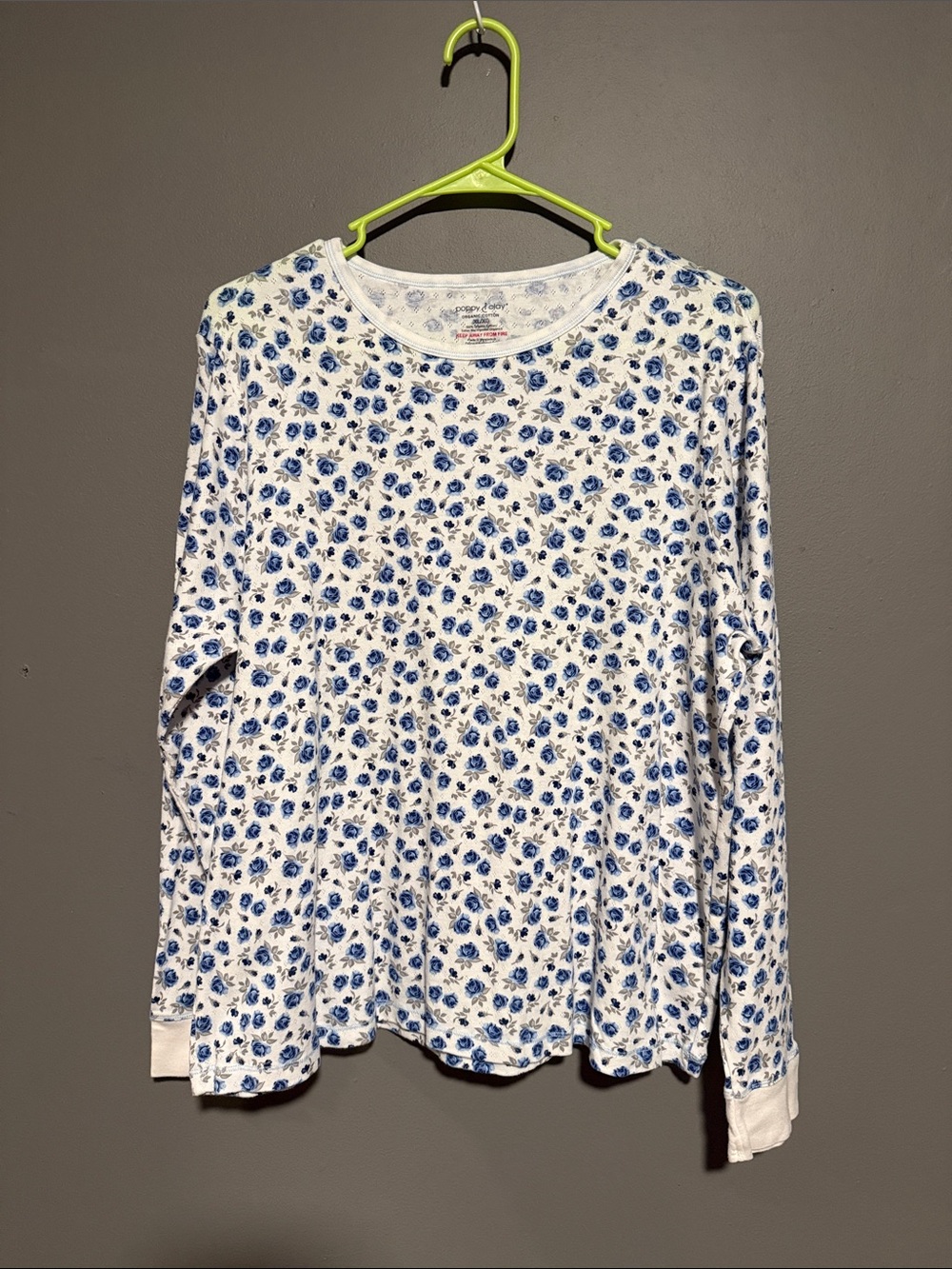 White Long-Sleeve Tee with Blue Floral Print